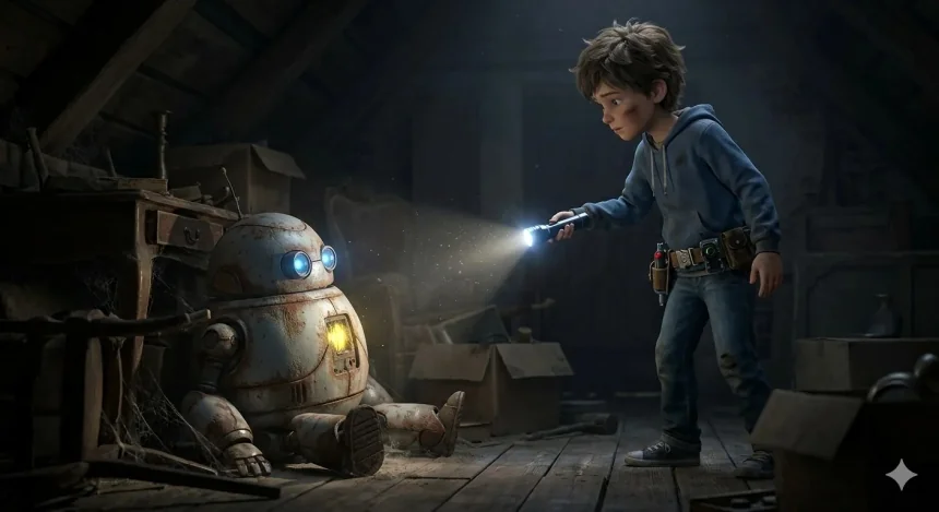 kalandos mese fiúknak – Olivér elemlámpával megvilágít egy rozsdás robotot a poros padláson