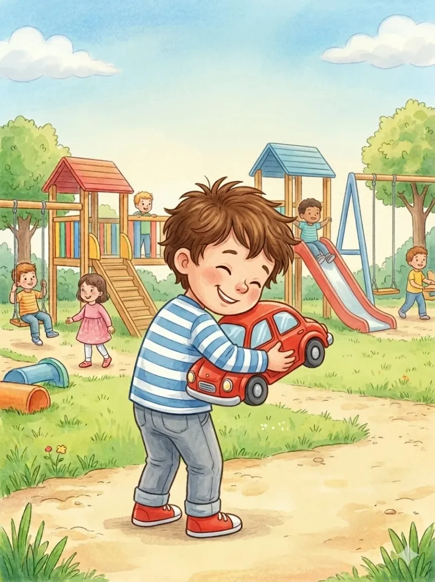 mese a megosztásról óvodásoknak – Peti kisfiú boldogan öleli a piros kisautót az óvoda udvarán