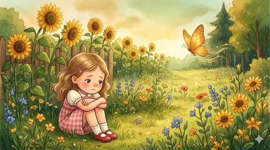 mese önbizalomról kislányoknak – Panni szomorúan ül a kertben a napraforgók között, a háttérben megjelenik az arany pillangó