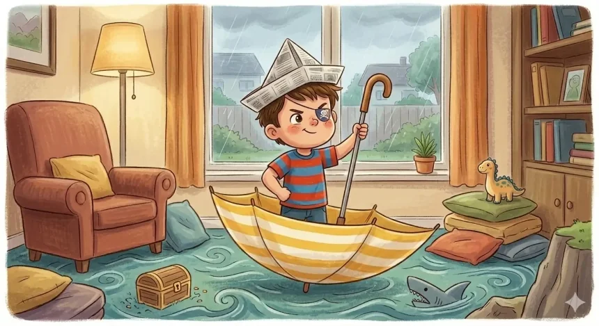 rövid mese gyerekeknek – Márkó kalózként áll a sárga esernyő-hajóban a nappaliban