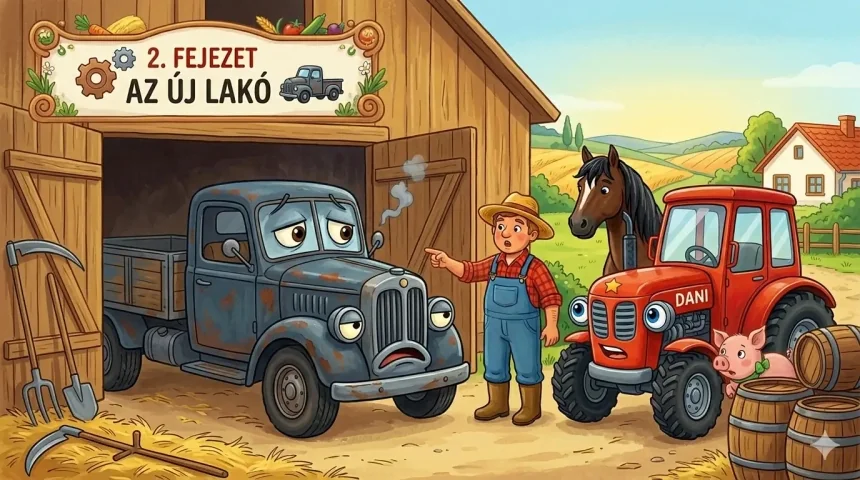 Traktoros mese gyerekeknek – Dörmögő Dani, a piros traktor a Napfény Tanyán reggel