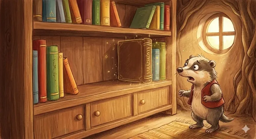 varázslatos mese gyerekeknek – Morgó borz riadtan áll az üres könyvespolca előtt