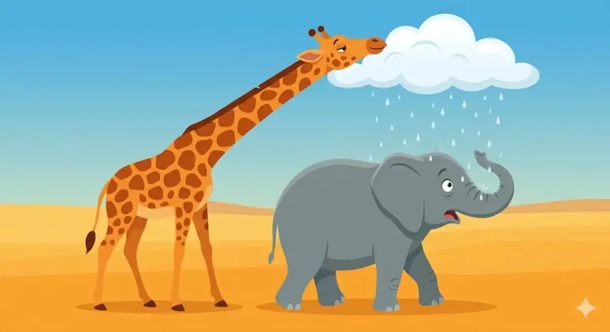 vicces állatos mese gyerekeknek – Zizi zsiráf nyaka belebotlik egy felhőbe, alatta Hermina elefánt ázik az esőtől