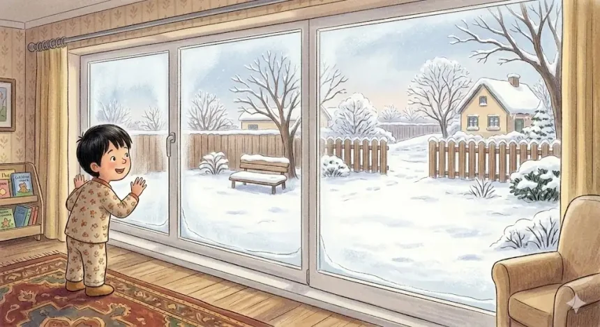 hó mese gyerekeknek – Gergő csodálkozva nézi az első fehér hót az ablakon át