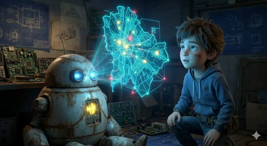 robotmese gyerekeknek – Szikra hologram térképet vetít ki Olivér szobájában