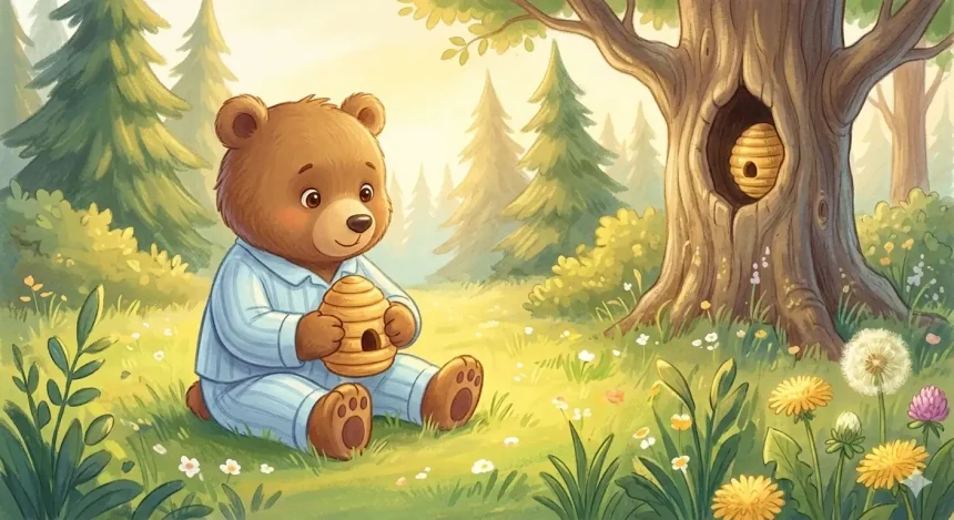 medve mese gyerekeknek – Mackó Marci kék pizsamában ül az erdei réten a méhkas-rongyával