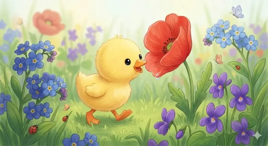 mese 3 éveseknek – Kipp-Kopp kiskacsácska piros pipacsot szimatolva a virágos réten