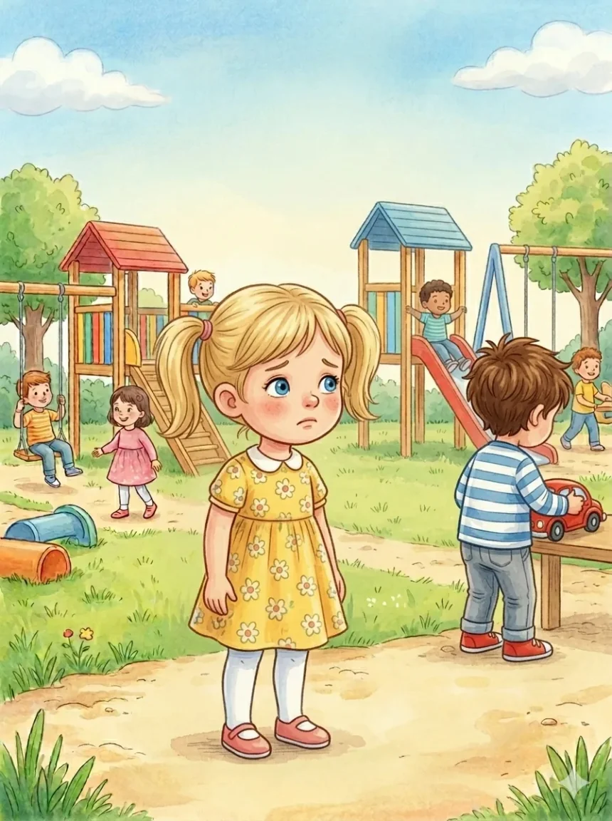 mese a megosztásról óvodásoknak – Dorka szomorúan néz Petire, aki egyedül játszik a piros kisautóval