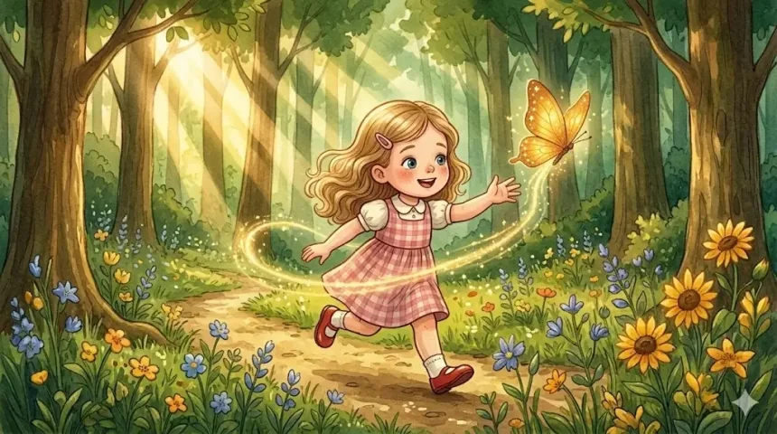 önbizalom mese kislányoknak – Panni boldogan fut az arany pillangó után az erdőben, körülötte aranyfény