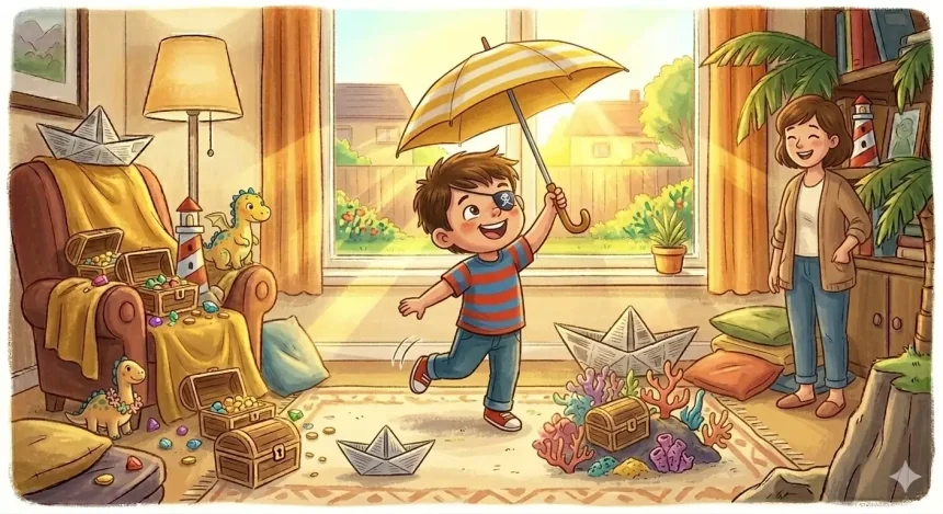 esős nap mese gyerekeknek – mama mosolyogva nézi Márkót aki még mindig játszik az esernyővel