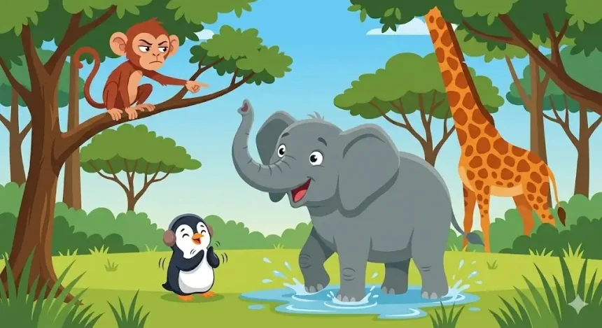 vicces állatos mese gyerekeknek – Hermina elefánt bejelentést tesz a tisztáson, Péter pingvin tapsikal, Manó gyanakodva néz, Zizi feje a felhőkben