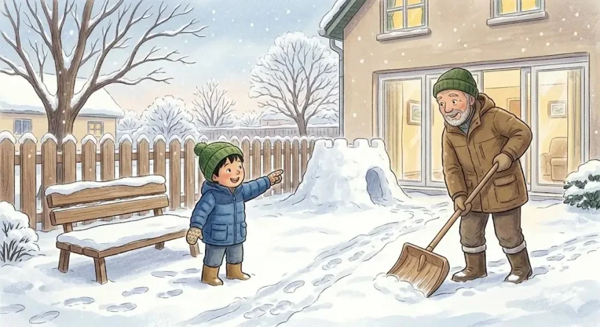 hólapát mese – Gergő és nagyapa együtt hólapátolnak a havas udvaron