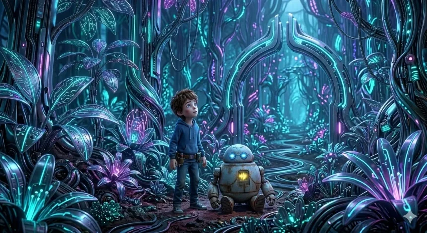 kalandos esti mese fiúknak – Olivér és Szikra a Neon-völgy futurisztikus fém erdejében