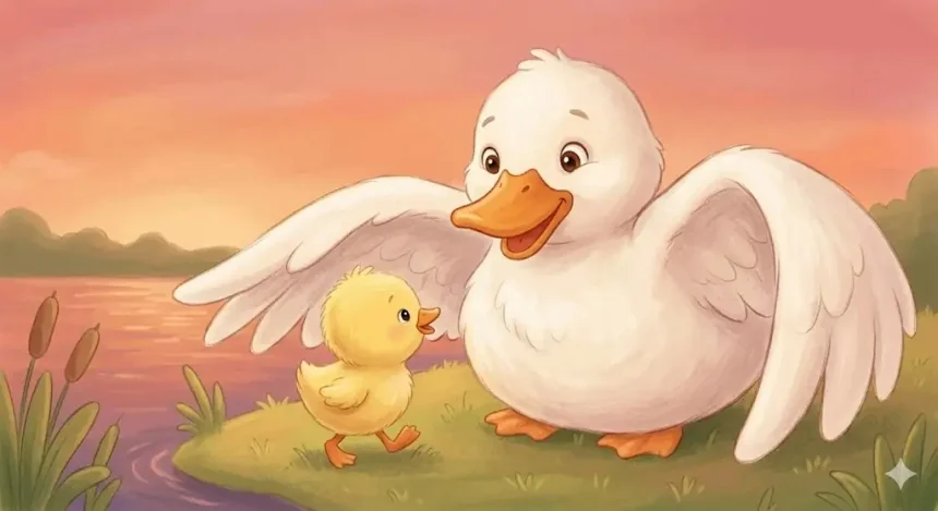 mese 3 éveseknek – Kipp-Kopp kiskacsácska hazaér anyukához, aki kitárt szárnnyal várja az alkonyati tóparton