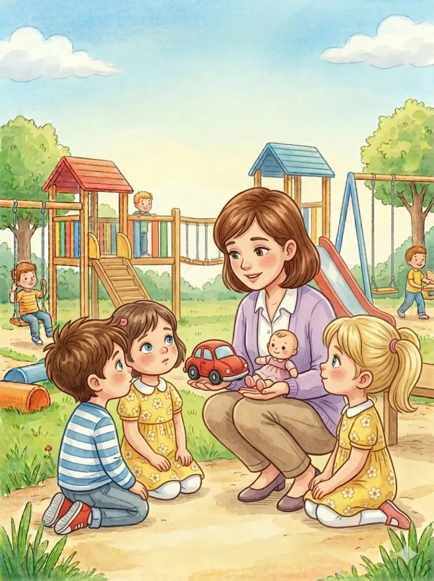 mese a megosztásról óvodásoknak – Zsuzsa néni leguggol Peti és Dorka mellé, és megmutatja a kisautót és a babát