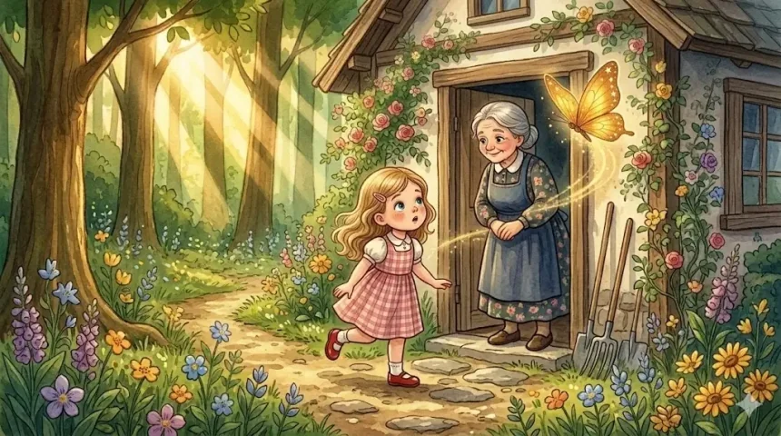 varázslatos mese kislányoknak – Panni Örzse néni erdőszéli háza előtt áll, az arany pillangó a néni válla felett lebeg