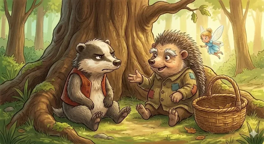 varázslatos mese gyerekeknek – Morgó borz és Tüskés Gergő sün a tölgyfa tövénél, Csilinke felettük