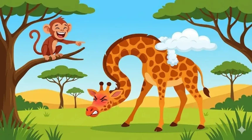 vicces állatos mese gyerekeknek – Zizi görnyedten próbál alacsony maradni, nyakán felhőfoszlány lóg, Manó a fán kacag