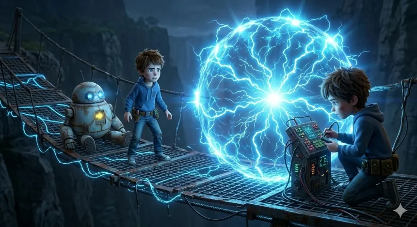 esti mese nagyobbaknak – Olivér és Szikra egy szikrázó energiagömb előtt a szakadék hídon