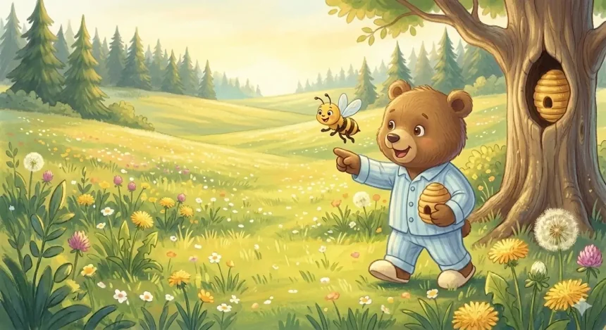 medve mese gyerekeknek – Mackó Marci és Méhecske Zsuzsi a virágos réten sétálnak