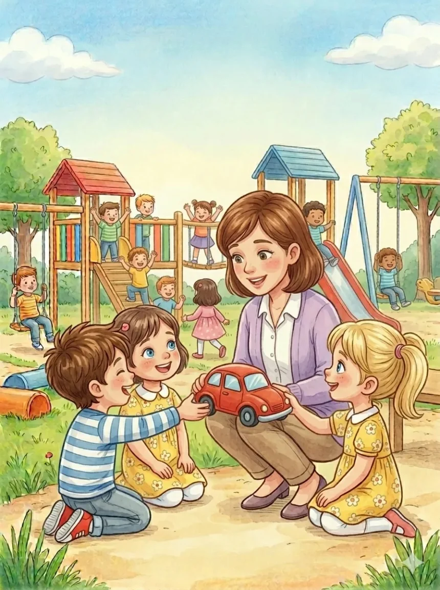 mese a megosztásról óvodásoknak – Peti odanyújtja a piros kisautót Dorkának, mindkettőjük arcán öröm