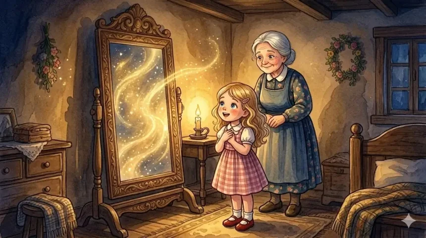 fejlesztő mese kislányoknak – Panni Örzse néni szobájában a varázstükör előtt áll, a tükörben csillogó arany fény látszik