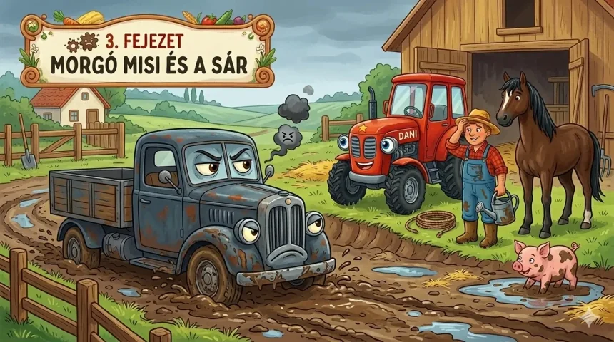 Traktor mese – Dörmögő Dani kötéllel húzza ki Morgó Misit a sárból a tanyán