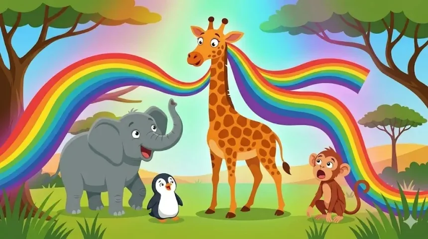 vicces állatos mese gyerekeknek – Zizi nyakáról szivárvány hull le az egész szavannára, Hermina, Péter és Manó döbbenten csodálják