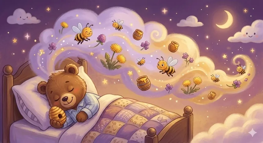 medve mese gyerekeknek – Mackó Marci alszik és mézes álmot lát méhecskékkel és virágokkal