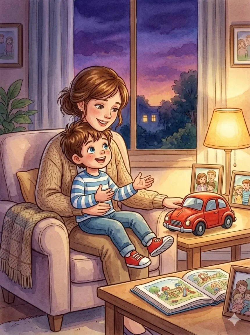 mese a megosztásról óvodásoknak – Peti az anyukája ölében ül este, és büszkén meséli el a nap élményét