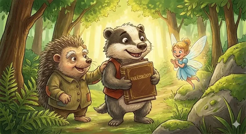 varázslatos mese gyerekeknek – Morgó borz boldogan tartja a varázskönyvet, mellette Tüskés Gergő és Csilinke