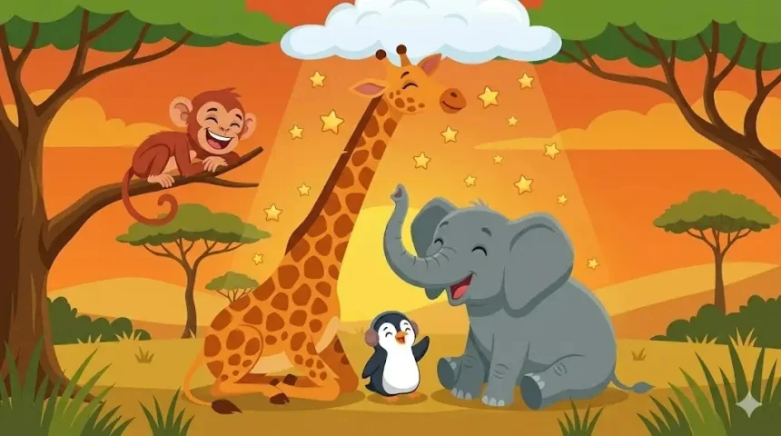 vicces állatos mese gyerekeknek – Zizi, Hermina, Manó és Péter együtt napnyugtakor, Zizi nyakából csillagok hullnak, mindenki boldog