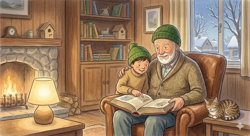 téli mese gyerekeknek – Gergő és nagyapa a kandalló mellett mesét olvasnak