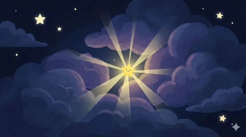 nagyon rövid mesék gyerekeknek – bátor kis csillag ragyog az éjszakai égbolton a felhők között