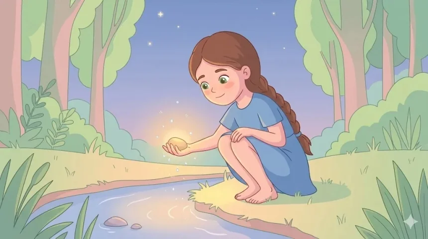 rövid esti mese gyerekeknek – Panni kislány patakparton ragyogó varázskavicsot tart a kezében