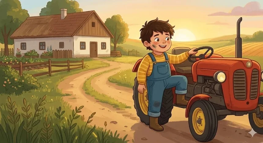 állatos mese gyerekeknek – Dörmögő Dani felkapaszkodik a piros traktorra reggeli napfényben