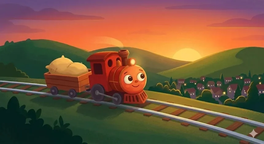 altató esti mese kisvonat – Csöpi piros kisvonat naplementekor halad a síneken