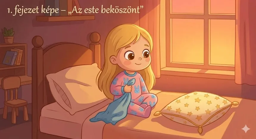 altató mese 0-3 éveseknek – Mimi a kis szőke kislány az ágyon ül a varázs párna előtt