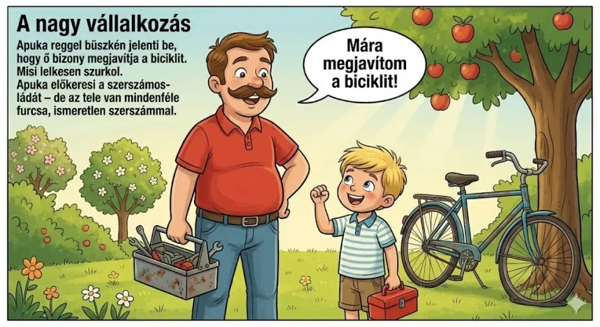 apák napja vicces mese kisfiúknak – Apuka és Misi a kertben a bicikli előtt szerszámosládával