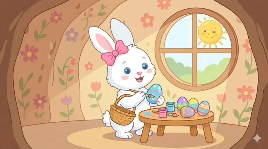 húsvéti mese nyusziról – Panka tojást fest a kis nyuszilakban
