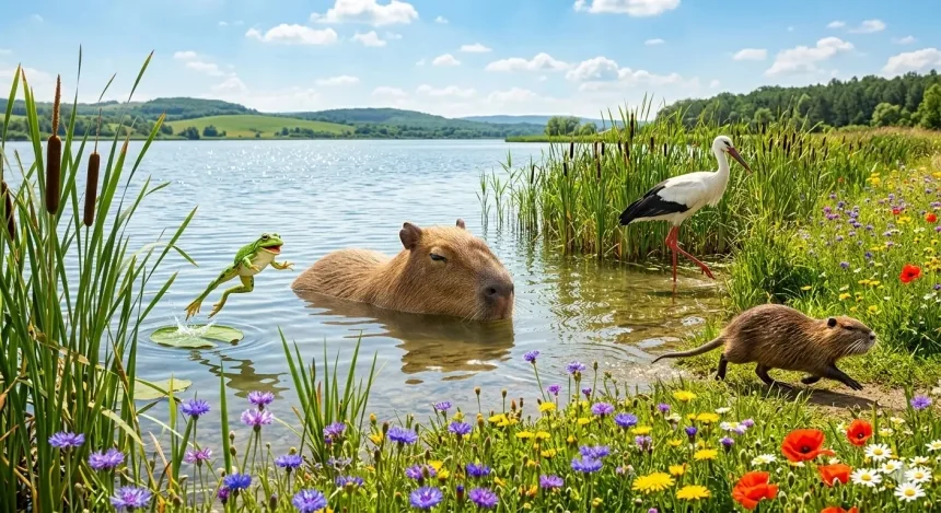 vicces mese gyerekeknek – Vizi Paci nyugodtan áll a tóban miközben körülötte Ribike béka ugrik, Nádi Norbert feldőlt, Zsuzsi nutria futkos
