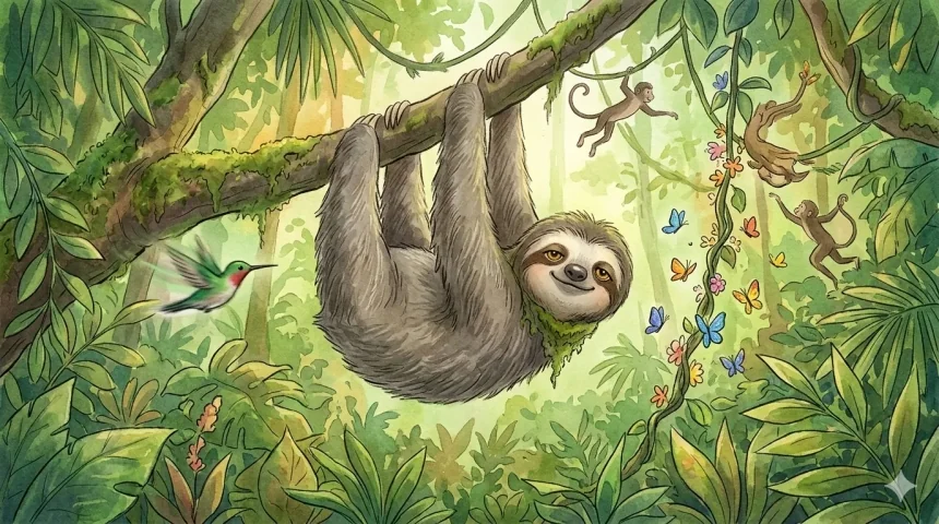 lajhár mese gyerekeknek – Lassi lajhár mosolyogva lóg az ágon, mellette kolibri, majmok és pillangók a dzsungelben