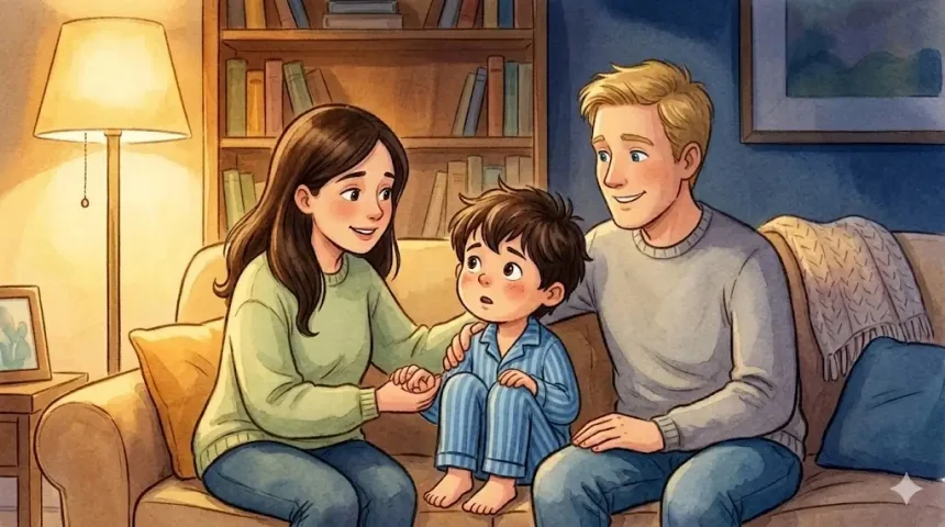 mese a kistestvér érkezéséről gyerekeknek – Bence szülei között ül a kanapén és meghallja a nagy hírt