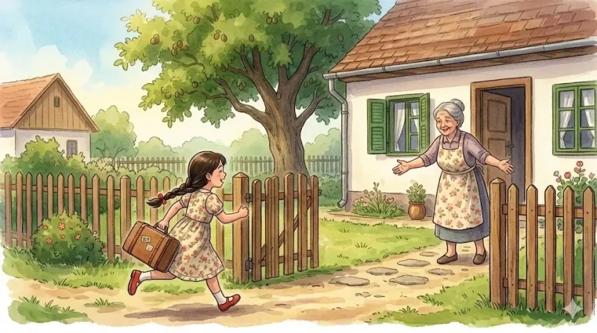 mese a nagymamáról gyerekeknek – Zorka bőrönddel fut be Nagyi kapuján, a nagymama karját tárva fogadja