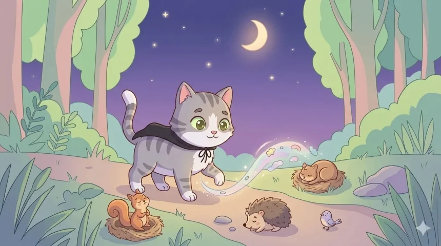 rövid esti mese gyerekeknek – Félix szürke macska fekete köpenyben éjszakai erdei ösvényen sétál, körülötte alvó állatok