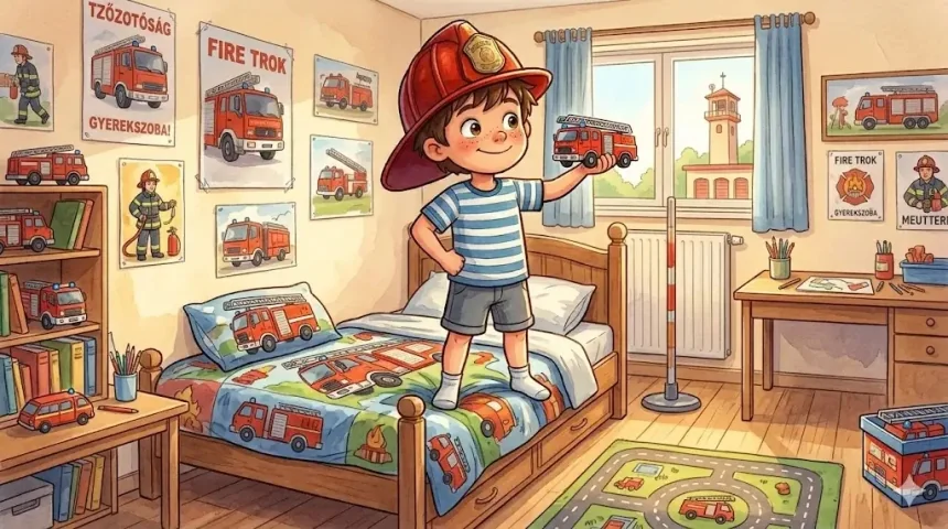 tűzoltós mese kisfiúknak – Huba tűzoltósisakban áll az ágyán, kezében piros tűzoltóautó játék