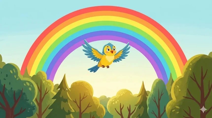 nagyon rövid mesék gyerekeknek – kíváncsi sárga-kék kismadár kitárt szárnyakkal repül a hatalmas szivárvány előtt az erdő felett
