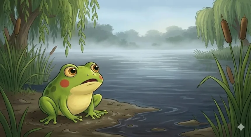 állatos mese gyerekeknek – Buksi Béka a tóparton ül és a nagy tóra néz