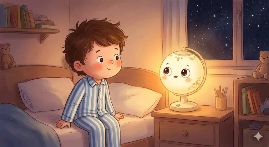 esti mese gyerekeknek – Peti és Lumika kislámpa a gyerekszobában csillagos éjjel