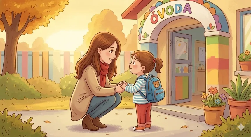 mese az elválásról óvoda gyerekeknek – Zoé és anyukája az óvoda bejáratánál